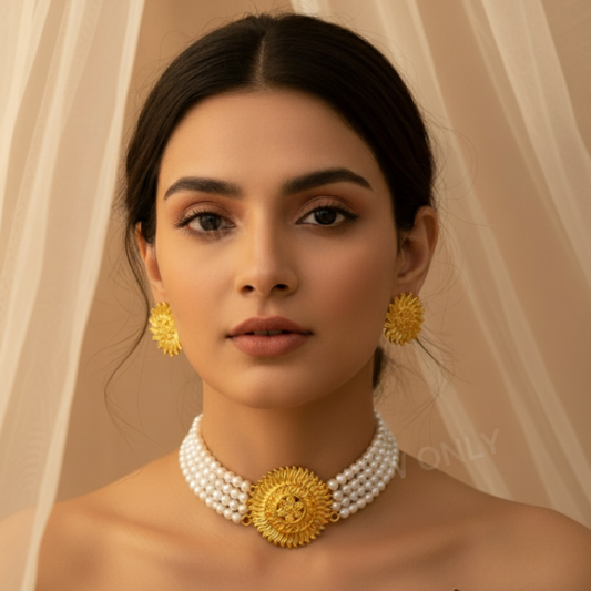 Traditional Gold Plated Pearl Choker Necklace Set with Earrings for Women & Girls