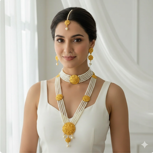 Traditional Pearl & Gold-Plated Bridal Jewellery Set for Women | Necklace, Earrings, Maang Tikka | Wedding & Festive Wear