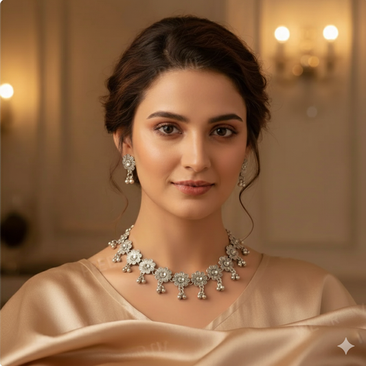 Elegant Silver-Plated Floral Necklace Set with Earrings for Women & Girls
