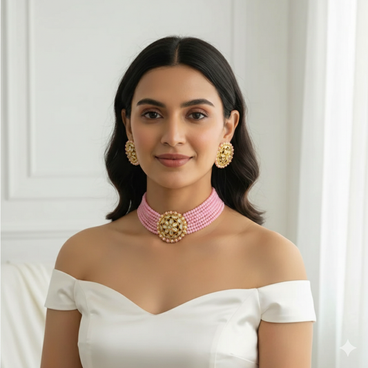 Elegant Pink Beaded Gold-Plated Kundan Choker Necklace Set with Earrings & Maang Tikka – Bridal/Party Wear Jewelry for Women & Girls