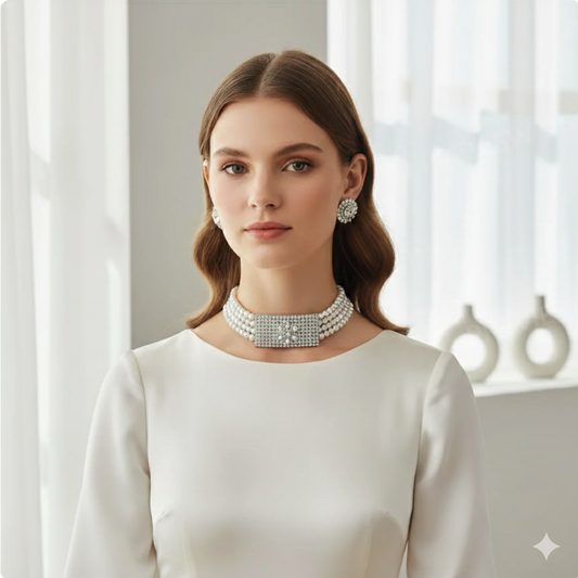 Elegant Pearl & Diamond Studded Choker Necklace Set with Earrings for Women & Girls