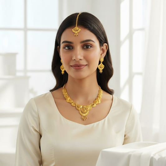 Traditional Gold Plated Bridal Jewellery Set for Women - Necklace, Earrings, Maang Tikka, Bangles & Bracelet