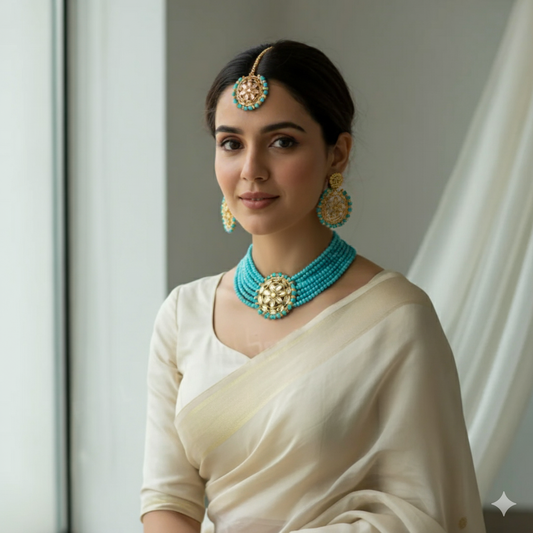 Traditional Gold Plated Kundan & Turquoise Beads Choker Necklace Set with Earrings & Maang Tikka for Women