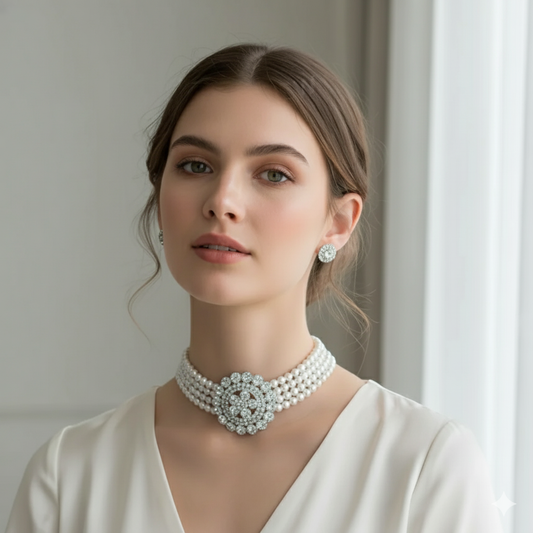 Elegant Pearl Choker Necklace Set with Crystal Stud Earrings for Women & Girls - Wedding & Party Wear Jewelry