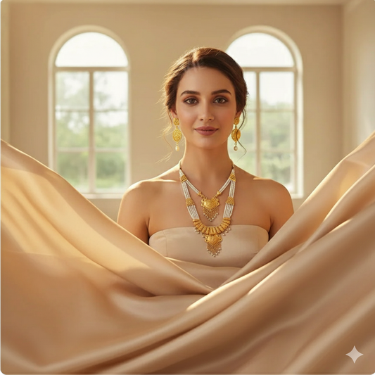 Traditional Gold Plated Bridal Pearl Layered Necklace Set with Earrings for Women & Girls