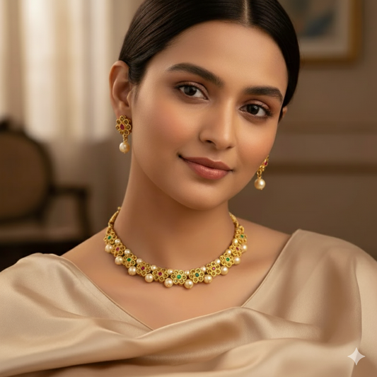 Traditional Gold Plated Pearl & Stone Studded Floral Necklace Set for Women & Girls