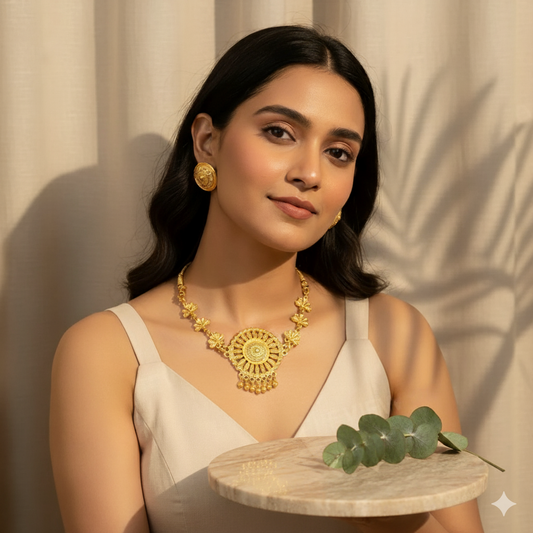 Traditional Gold Plated Floral Necklace Set for Women & Girls | Ethnic Bridal Jewelry Set with Earrings