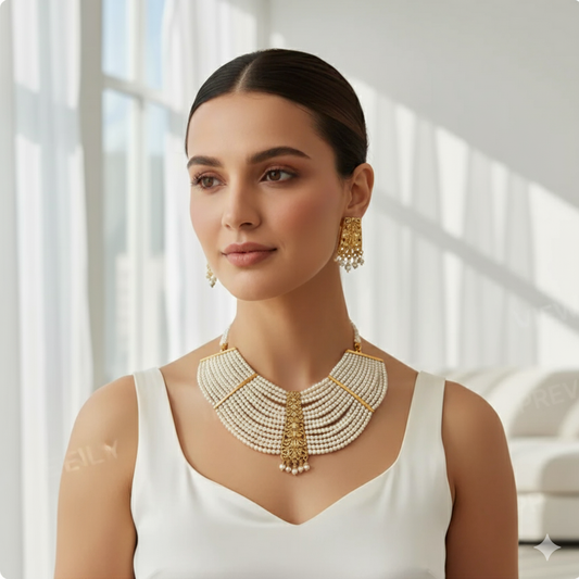 Elegant Gold-Plated Kundan Pearl Multi-Layer Necklace Set with Earrings for Women & Girls