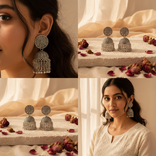 Oxidised Silver Jhumka Earrings for Women and Girls | Traditional Ethnic Dome Design Earrings