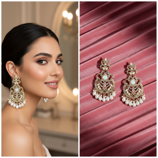 Gold-Plated Pearl Drop Chandbali Earrings for Women & Girls | Traditional Festive Jewelry