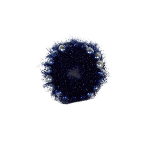 Premium Navy Blue Furry Hair Scrunchie with Pearls – Elegant Hair Accessory for Women & Girls