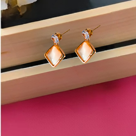 Stylish Gold-Plated Diamond-Shaped Drop Earrings for Women and Girls | Trendy Peach Stone & Crystal Design