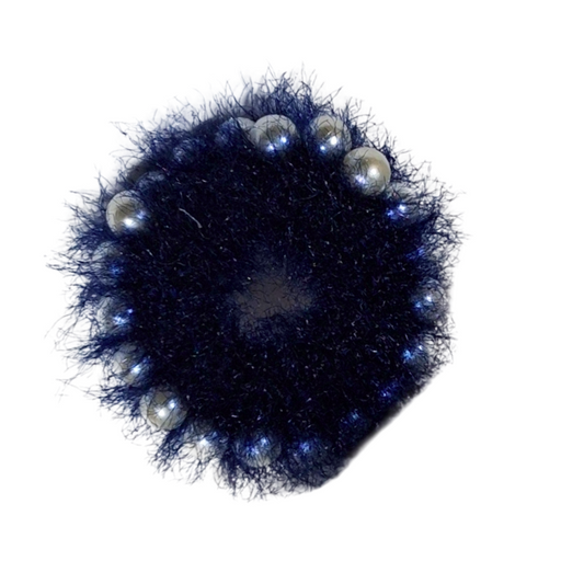 Premium Navy Blue Furry Hair Scrunchie with Pearls – Elegant Hair Accessory for Women & Girls