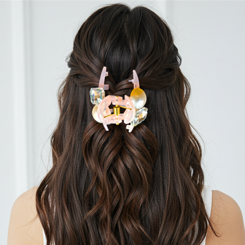Elegant Pearl & Crystal Stone Hair Clip for Girls & Women | Stylish Hair Accessory – Light Pink