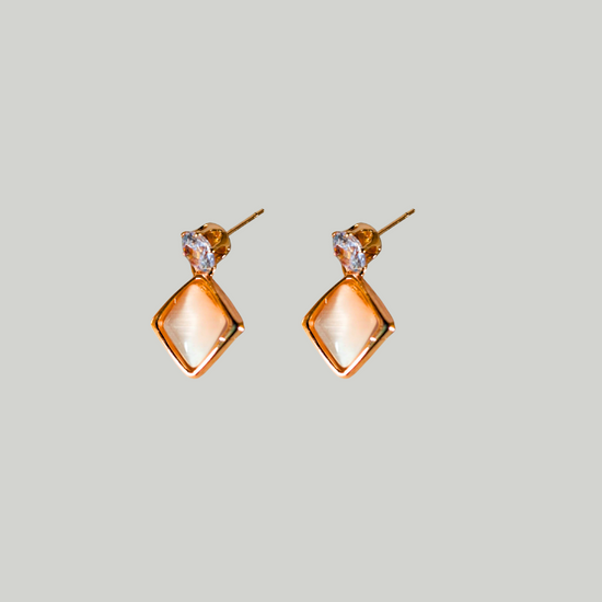 Stylish Gold-Plated Diamond-Shaped Drop Earrings for Women and Girls | Trendy Peach Stone & Crystal Design