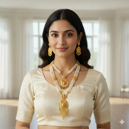 Traditional Gold-Plated Pearl Beaded Necklace Set with Earrings for Women | Bridal Wedding Jewelry