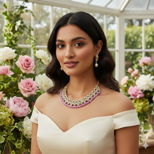 Elegant Gold-Plated Pearl & Diamond Studded Choker Necklace Set with Earrings for Women & Girls