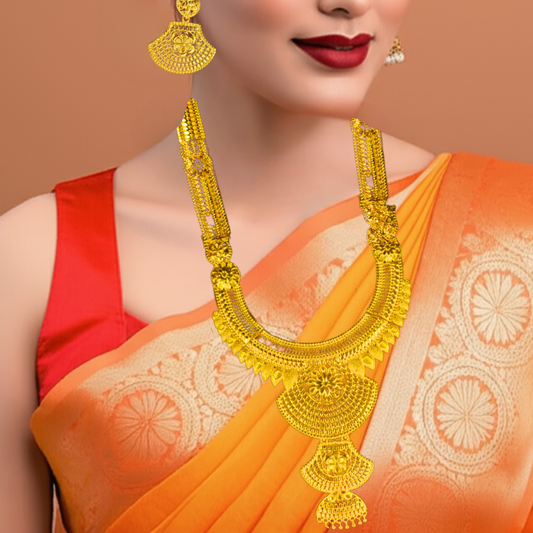 Traditional Gold Plated Bridal Necklace Set with Earrings | Antique Temple Design Jewelry