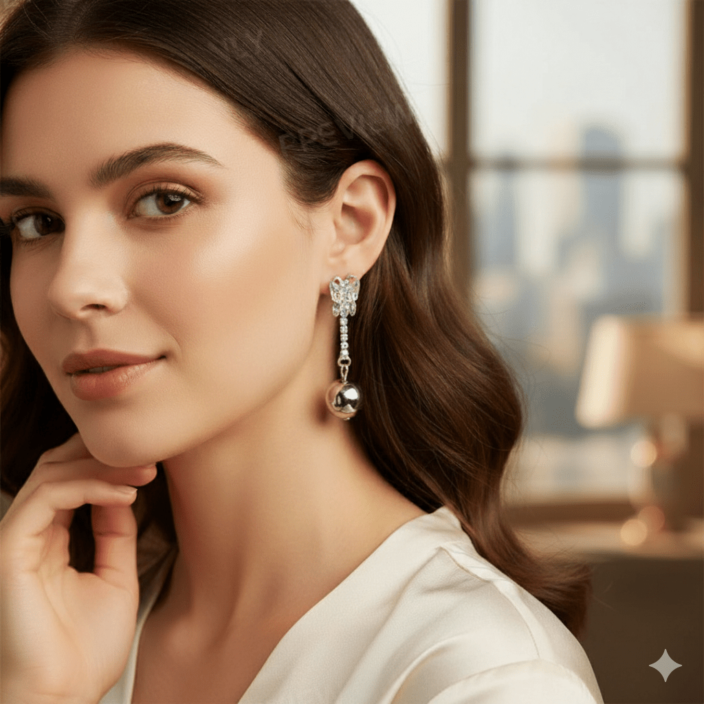 Elegant Butterfly Crystal Drop Earrings with Silver Ball Charm – Party & Casual Wear Earrings for Women & Girls - Roop Vibe