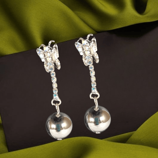 Elegant Butterfly Crystal Drop Earrings with Silver Ball Charm – Party & Casual Wear Earrings for Women & Girls - Roop Vibe