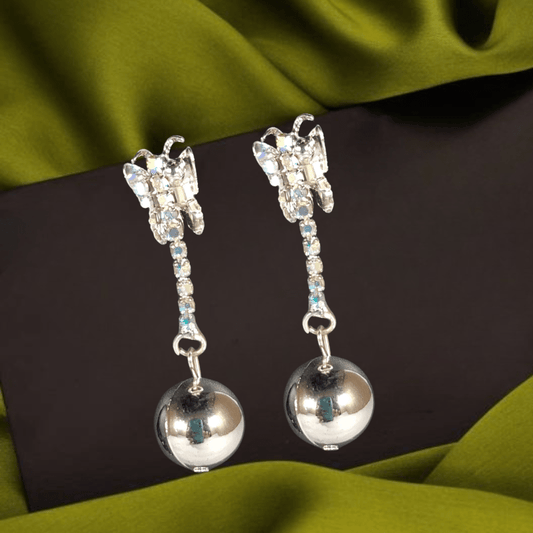 Elegant Butterfly Crystal Drop Earrings with Silver Ball Charm – Party & Casual Wear Earrings for Women & Girls - Roop Vibe