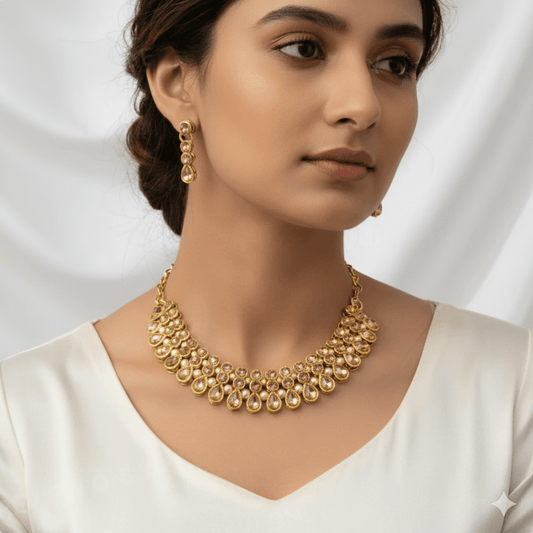 Elegant Gold - Plated Kundan Choker Necklace Set with Earrings for Women | Bridal & Party Wear Jewelry - Roop Vibe