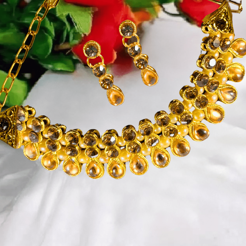 Elegant Gold - Plated Kundan Choker Necklace Set with Earrings for Women | Bridal & Party Wear Jewelry - Roop Vibe