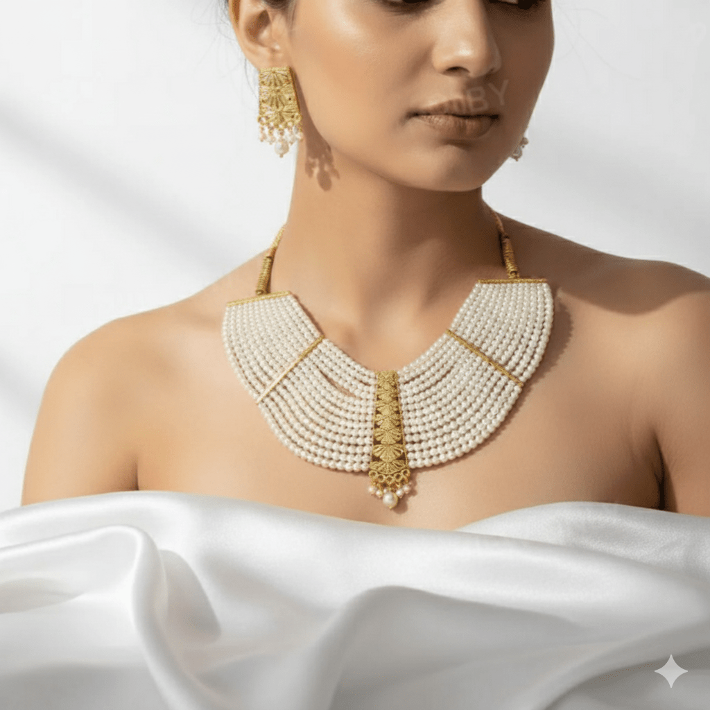 Elegant Gold - Plated Kundan Pearl Multi - Layer Necklace Set with Earrings for Women & Girls - Roop Vibe