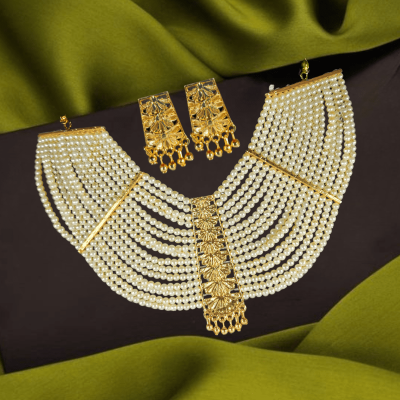 Elegant Gold - Plated Kundan Pearl Multi - Layer Necklace Set with Earrings for Women & Girls - Roop Vibe