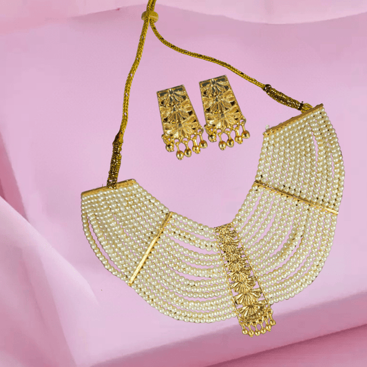 Elegant Gold - Plated Kundan Pearl Multi - Layer Necklace Set with Earrings for Women & Girls - Roop Vibe