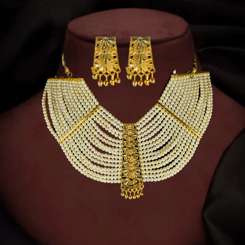 Elegant Gold - Plated Kundan Pearl Multi - Layer Necklace Set with Earrings for Women & Girls - Roop Vibe