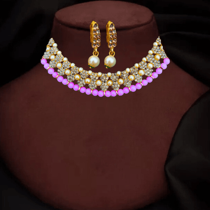 Elegant Gold - Plated Pearl & Diamond Studded Choker Necklace Set with Earrings for Women & Girls - Roop Vibe