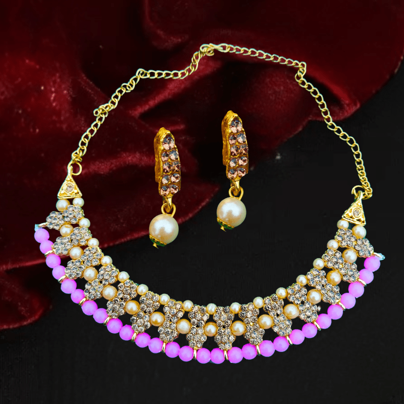 Elegant Gold - Plated Pearl & Diamond Studded Choker Necklace Set with Earrings for Women & Girls - Roop Vibe