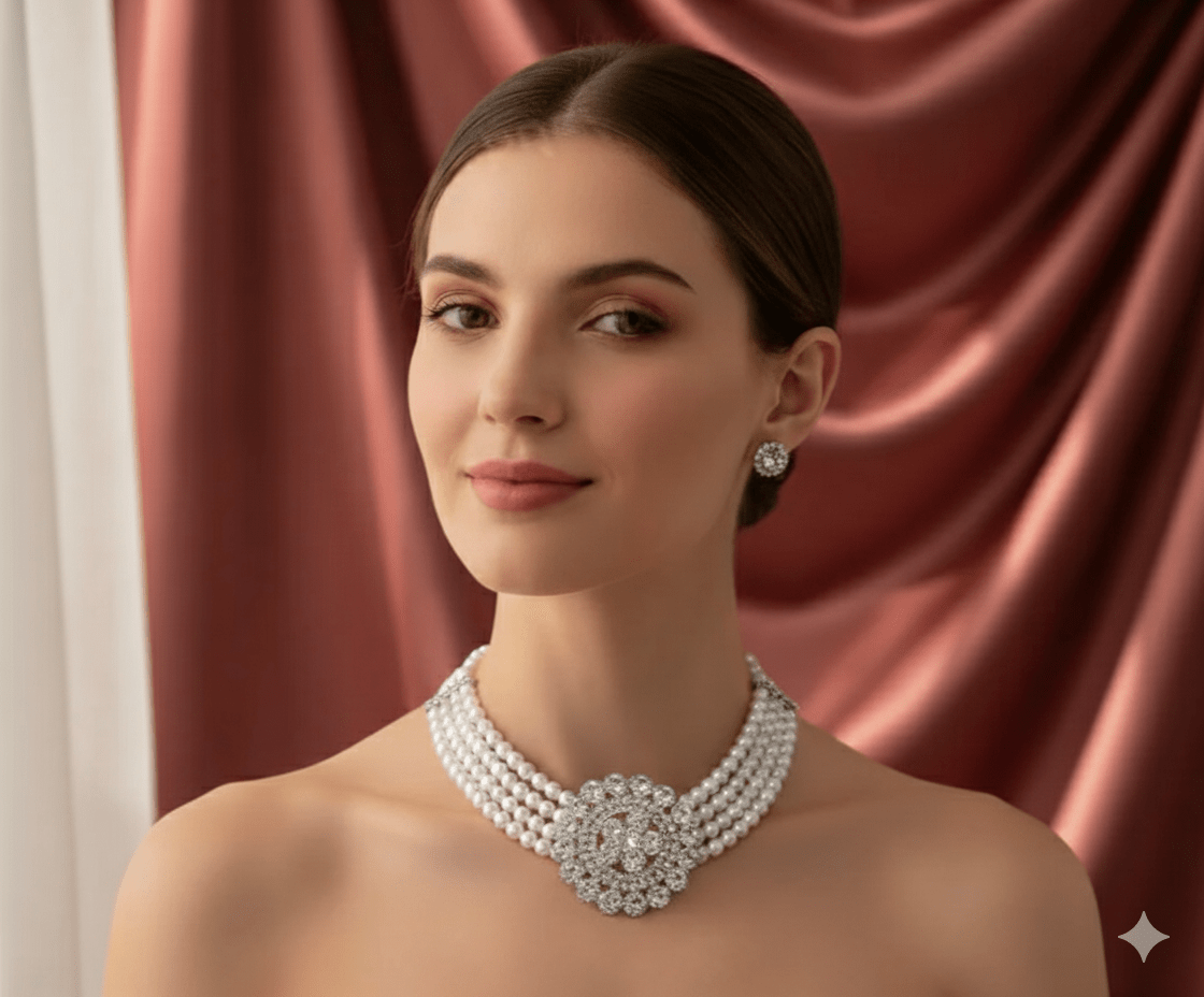 Elegant Pearl Choker Necklace Set with Crystal Stud Earrings for Women & Girls - Wedding & Party Wear Jewelry - Roop Vibe