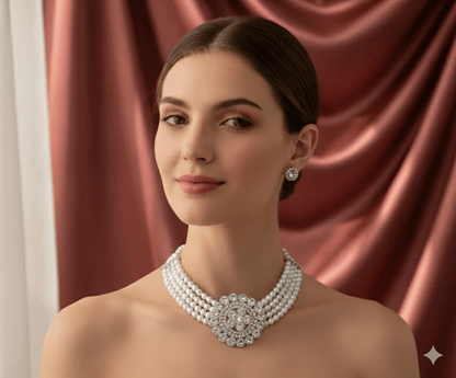 Elegant Pearl Choker Necklace Set with Crystal Stud Earrings for Women & Girls - Wedding & Party Wear Jewelry - Roop Vibe