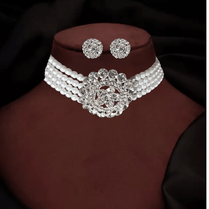 Elegant Pearl Choker Necklace Set with Crystal Stud Earrings for Women & Girls - Wedding & Party Wear Jewelry - Roop Vibe