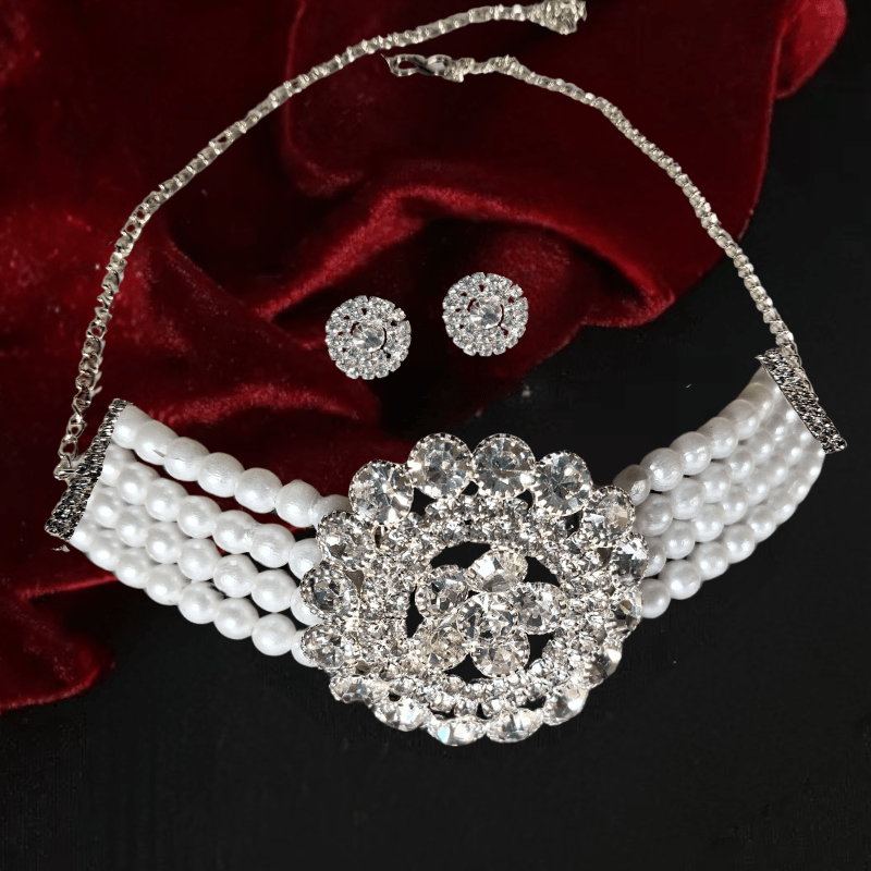 Elegant Pearl Choker Necklace Set with Crystal Stud Earrings for Women & Girls - Wedding & Party Wear Jewelry - Roop Vibe
