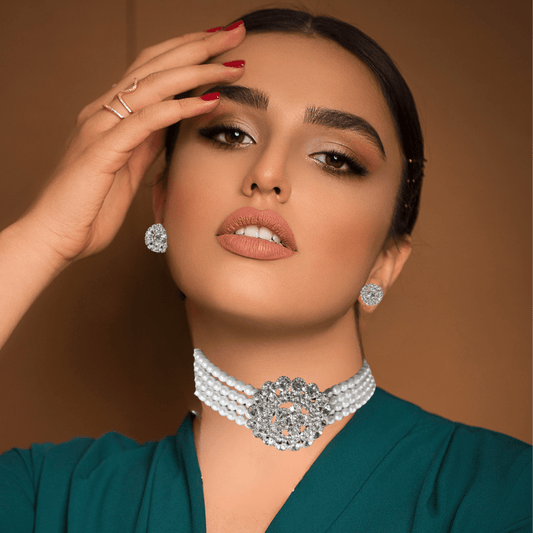 Elegant Pearl Choker Necklace Set with Crystal Stud Earrings for Women & Girls - Wedding & Party Wear Jewelry - Roop Vibe
