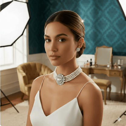Elegant Pearl Choker Necklace Set with Crystal Stud Earrings for Women & Girls - Wedding & Party Wear Jewelry - Roop Vibe