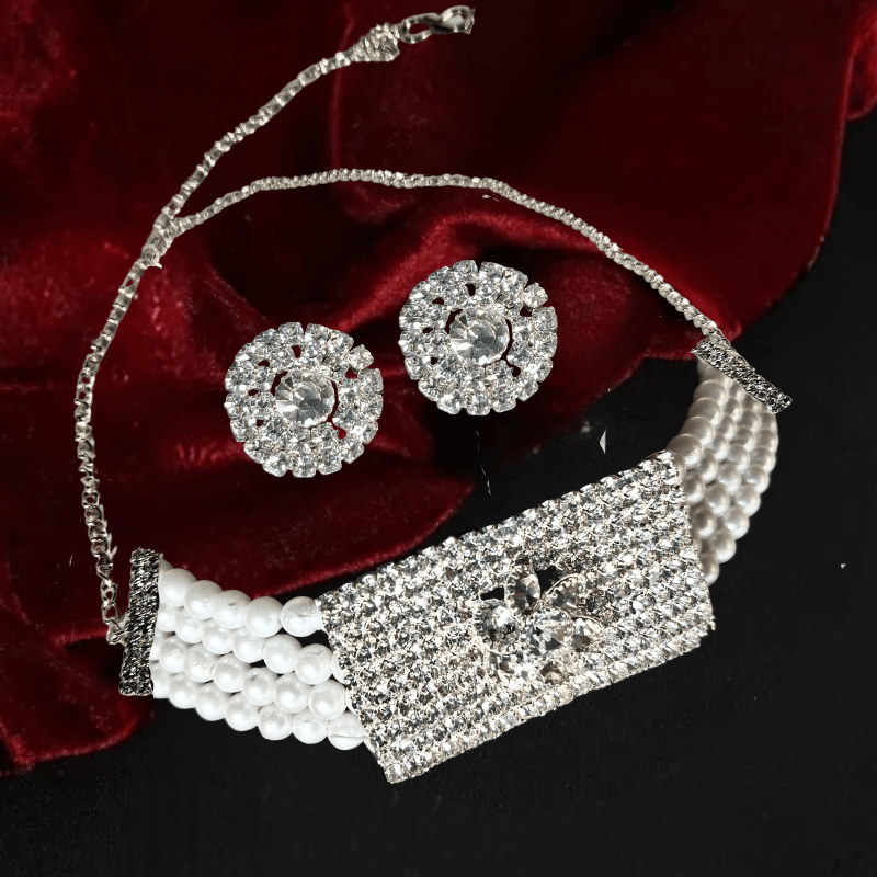 Elegant Pearl & Diamond Studded Choker Necklace Set with Earrings for Women & Girls - Roop Vibe