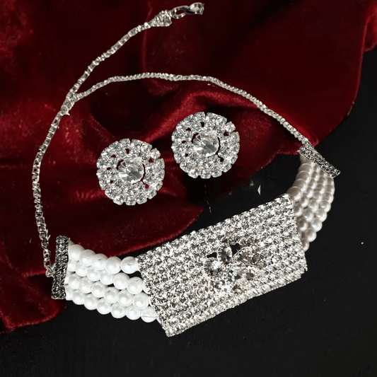 Elegant Pearl & Diamond Studded Choker Necklace Set with Earrings for Women & Girls - Roop Vibe