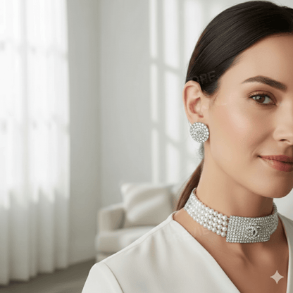 Elegant Pearl & Diamond Studded Choker Necklace Set with Earrings for Women & Girls - Roop Vibe