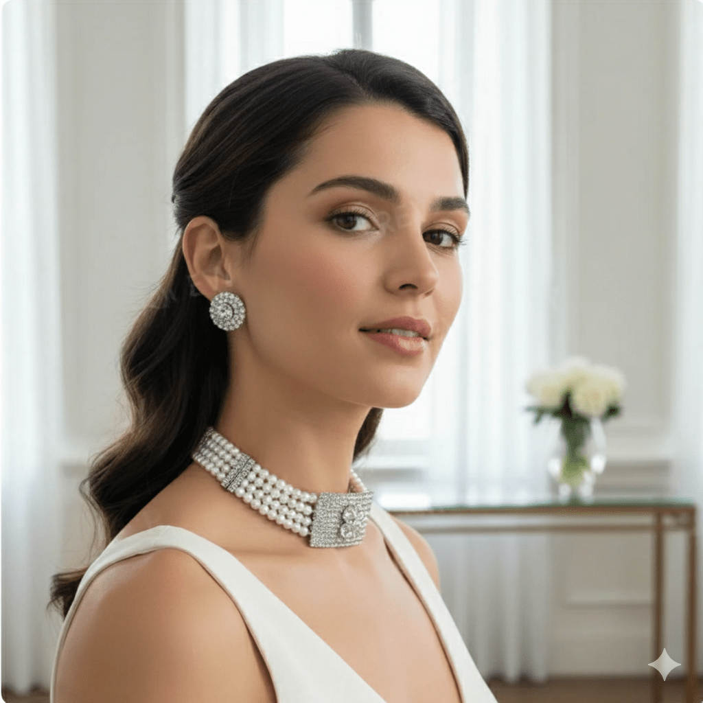 Elegant Pearl & Diamond Studded Choker Necklace Set with Earrings for Women & Girls - Roop Vibe