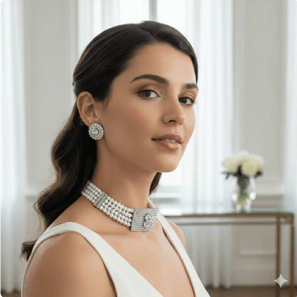 Elegant Pearl & Diamond Studded Choker Necklace Set with Earrings for Women & Girls - Roop Vibe