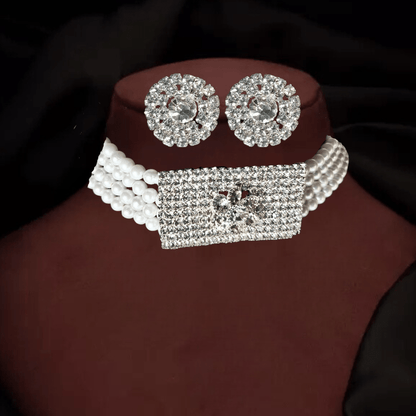 Elegant Pearl & Diamond Studded Choker Necklace Set with Earrings for Women & Girls - Roop Vibe