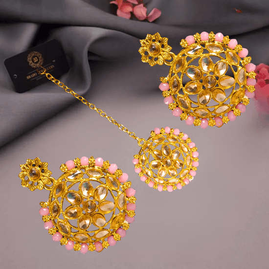 Elegant Pink Beaded Gold - Plated Kundan Choker Necklace Set with Earrings & Maang Tikka – Bridal/Party Wear Jewelry for Women & Girls - Roop Vibe