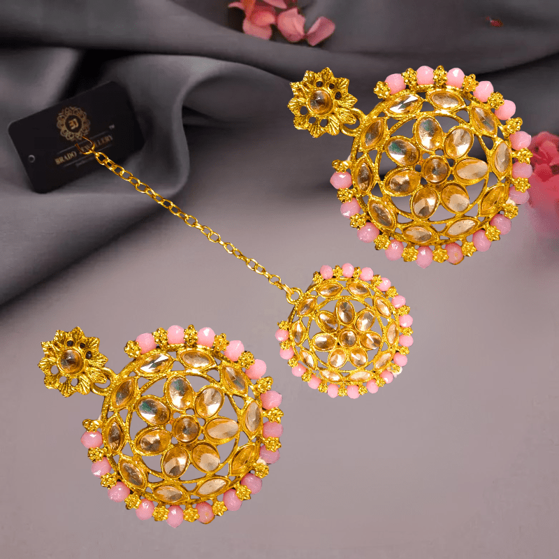 Elegant Pink Beaded Gold - Plated Kundan Choker Necklace Set with Earrings & Maang Tikka – Bridal/Party Wear Jewelry for Women & Girls - Roop Vibe