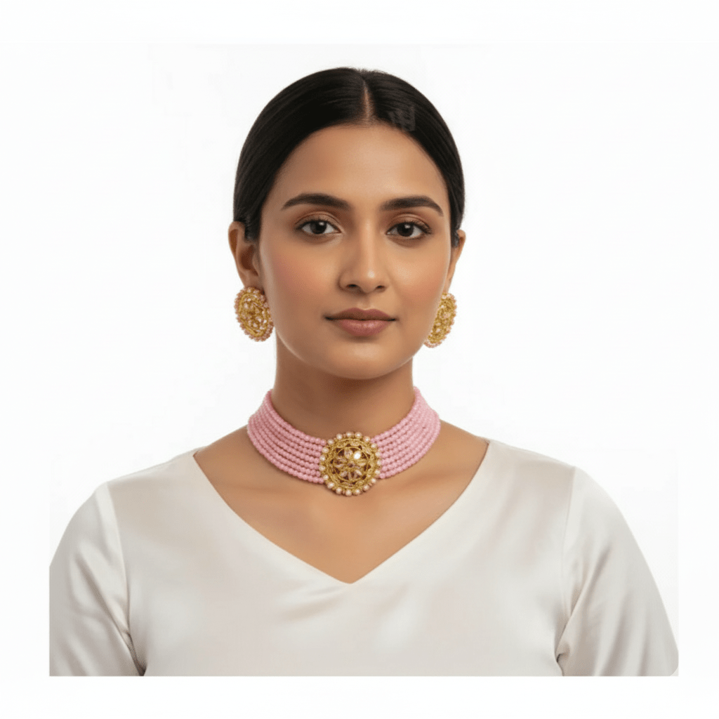 Elegant Pink Beaded Gold - Plated Kundan Choker Necklace Set with Earrings & Maang Tikka – Bridal/Party Wear Jewelry for Women & Girls - Roop Vibe