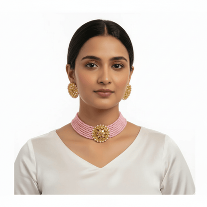 Elegant Pink Beaded Gold - Plated Kundan Choker Necklace Set with Earrings & Maang Tikka – Bridal/Party Wear Jewelry for Women & Girls - Roop Vibe