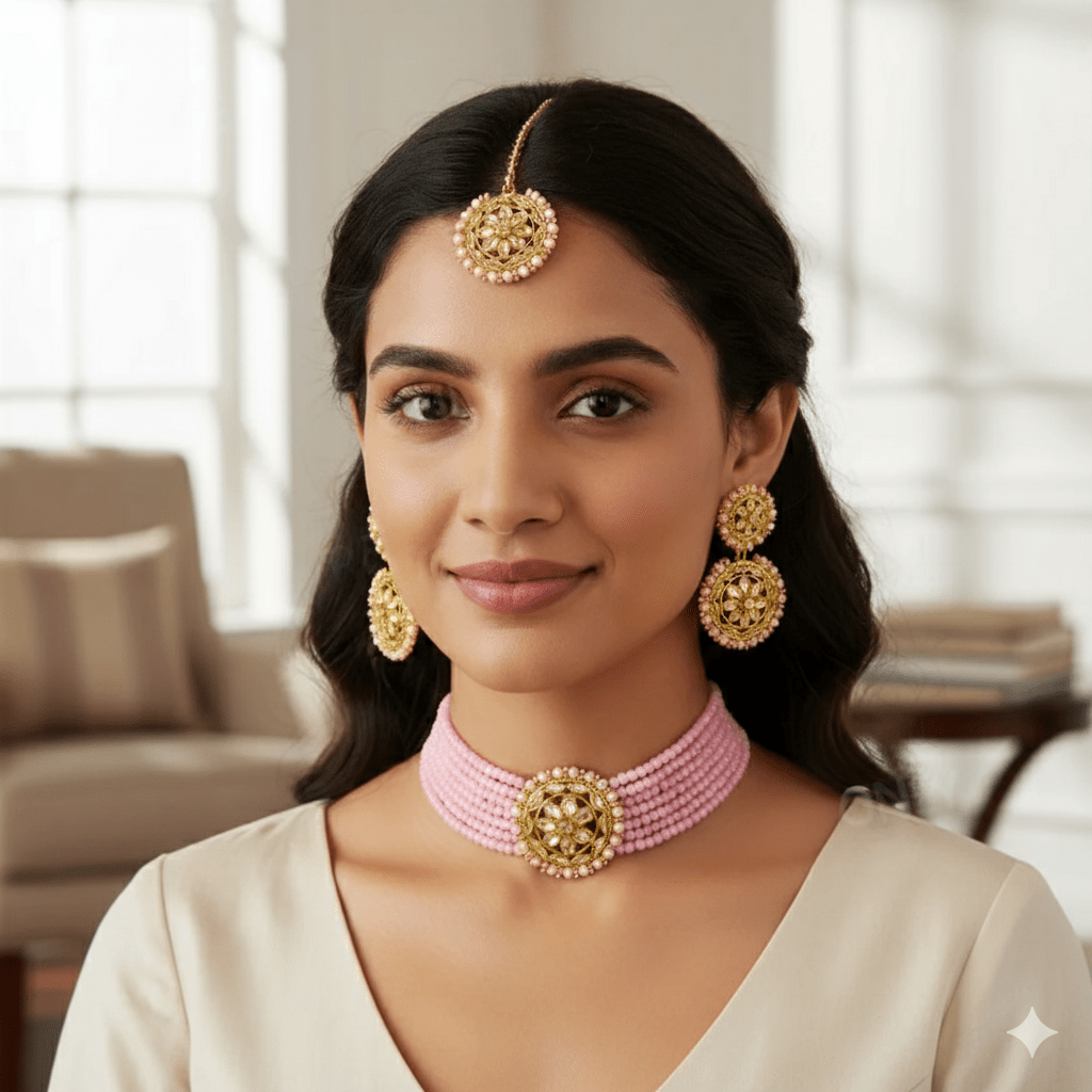 Elegant Pink Beaded Gold - Plated Kundan Choker Necklace Set with Earrings & Maang Tikka – Bridal/Party Wear Jewelry for Women & Girls - Roop Vibe
